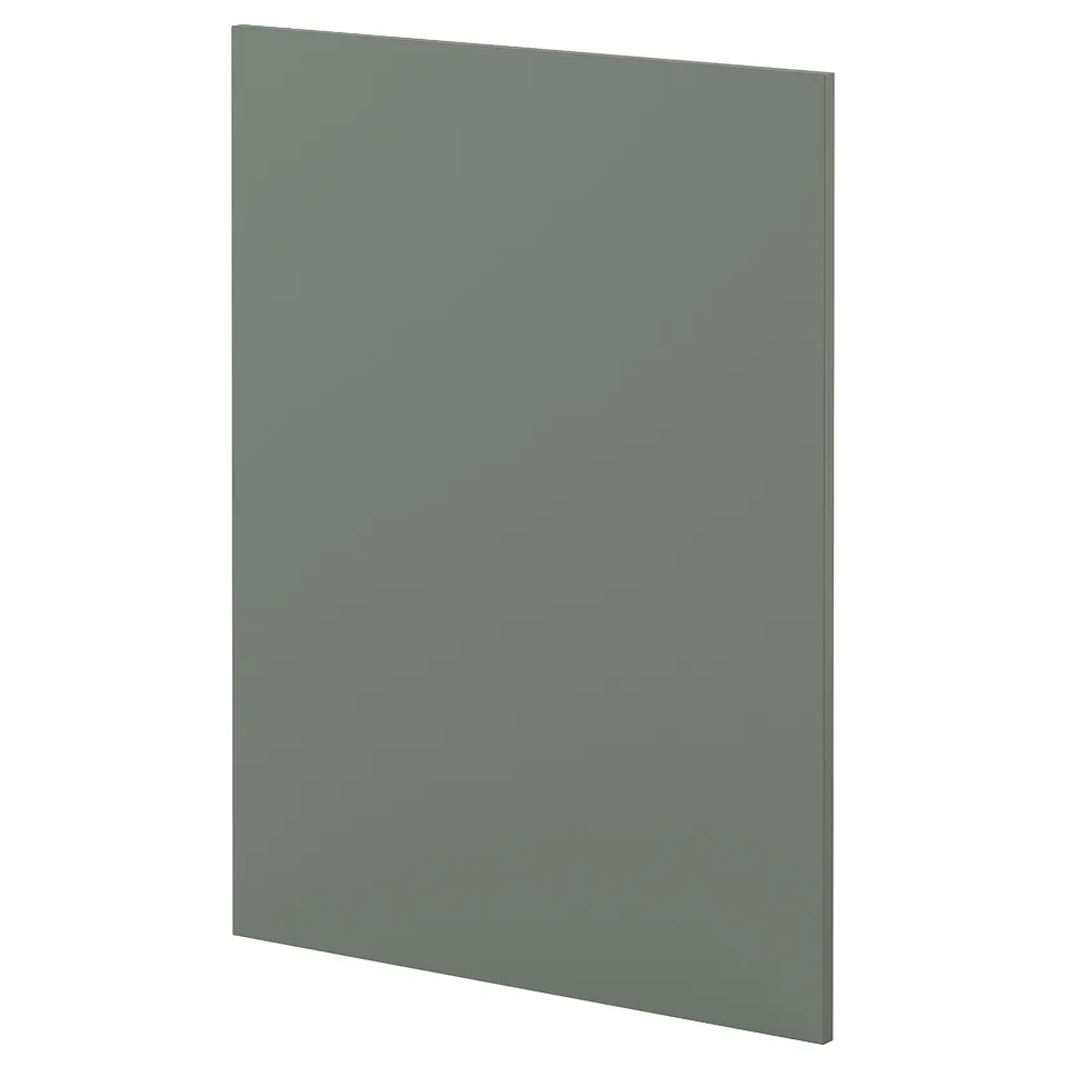 A grey-green METOD kitchen cabinet door with a smooth surface and square shape, part of the IKEA kitchen system.