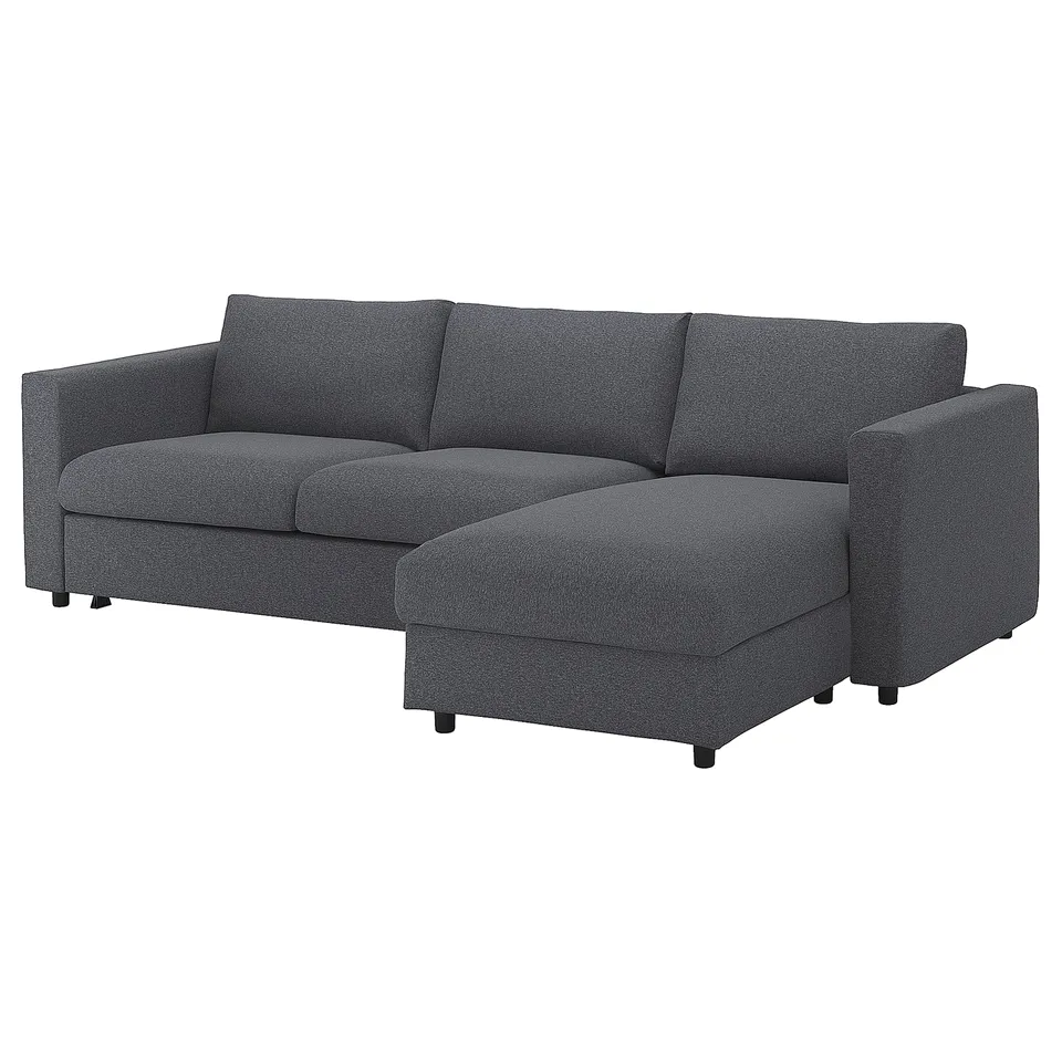 Grey VIMLE sectional sofa with chaise, modern design, grey fabric, l-shaped.