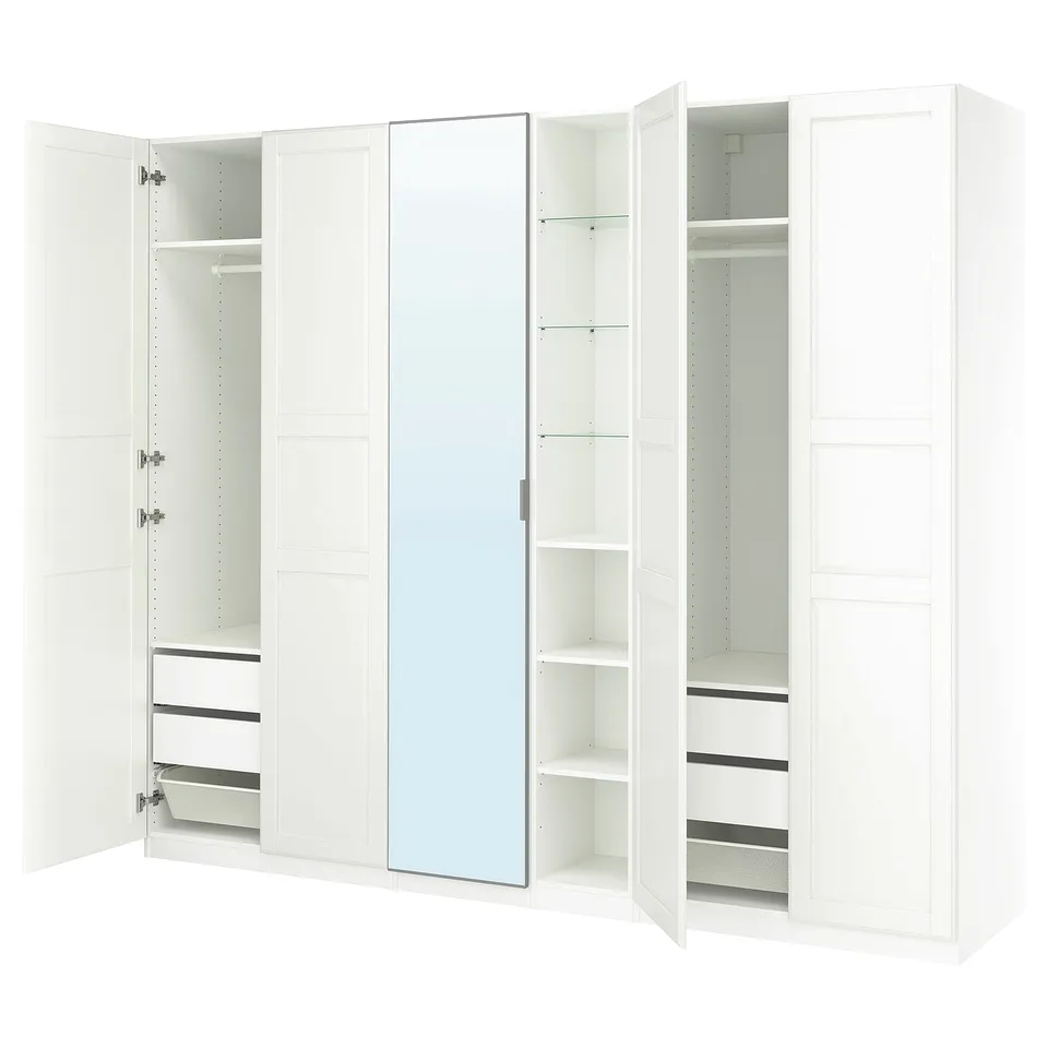 PAX / KAMMARTORP/TYSSEDAL Wardrobe combination, white mirror glass/grey white, 285x60x236 cm