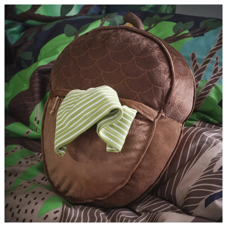 Acorn cushion with secret pocket, soft recycled polyester, 3+ kids.