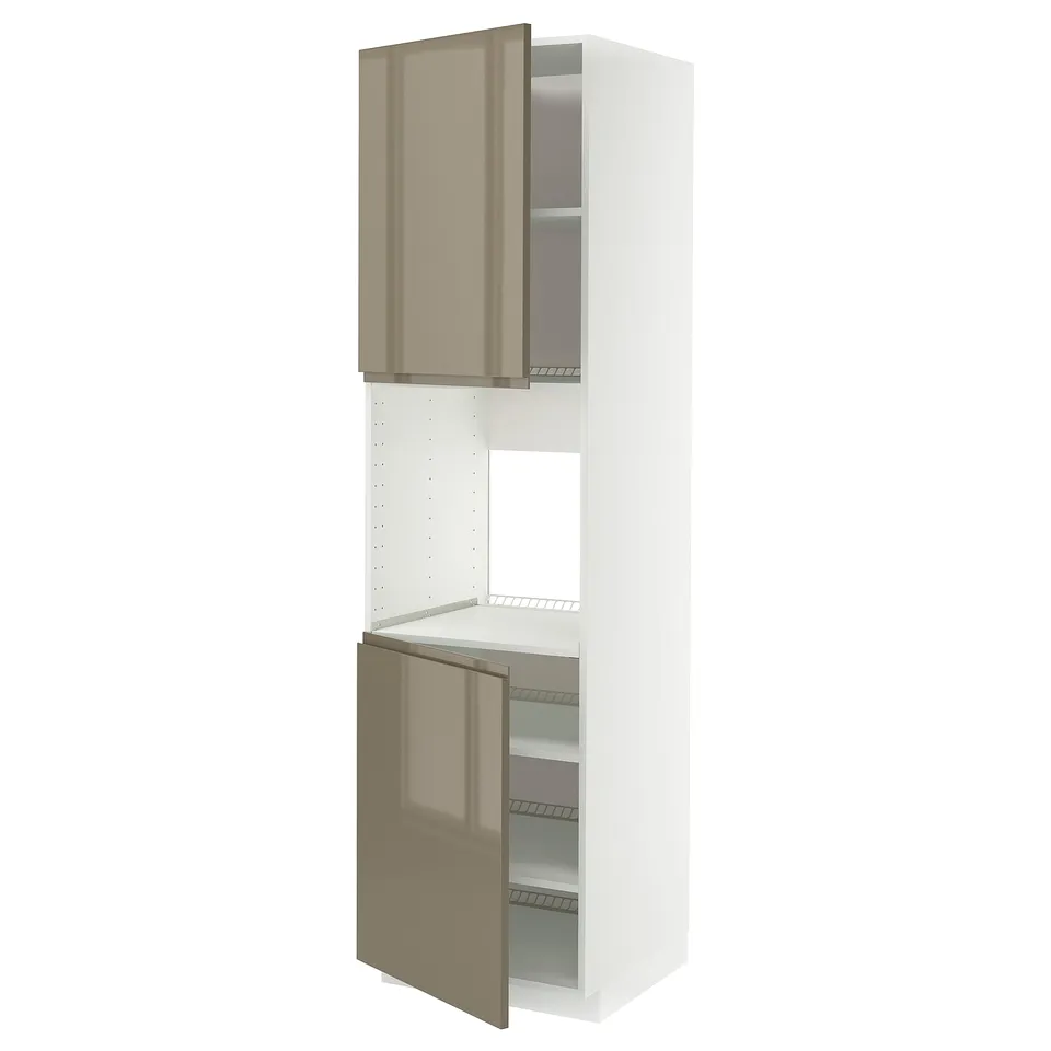 METOD kitchen unit, dark grey-brown gloss doors, cabinet, shelves, modern design.