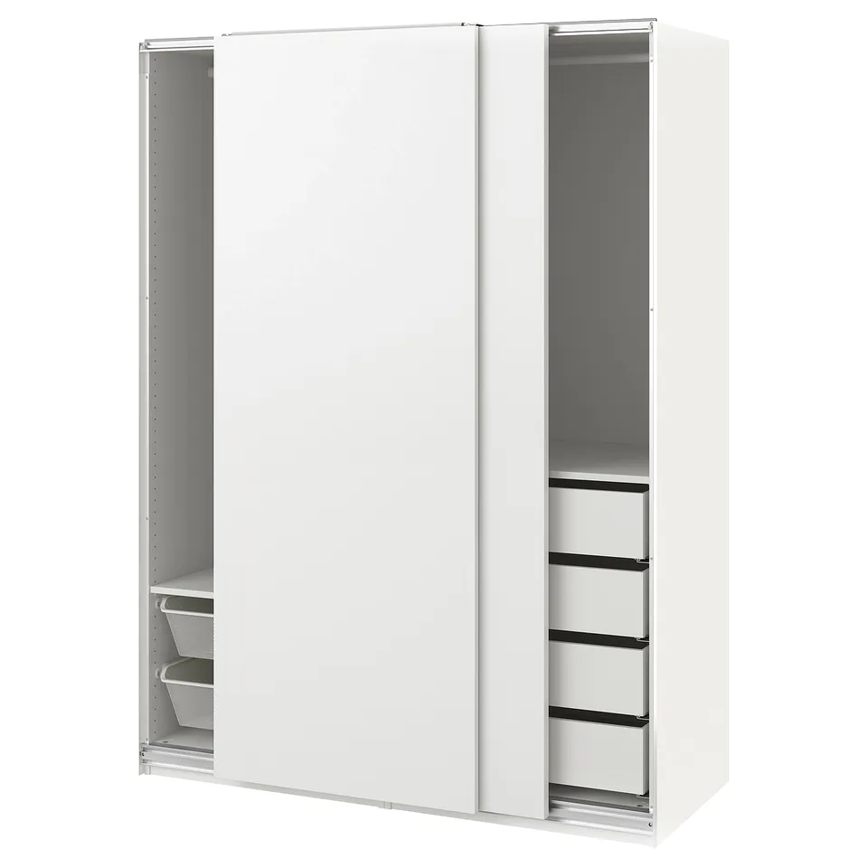 White wardrobe with sliding doors. Has hanging space and drawers inside. Includes mesh baskets and shelves.