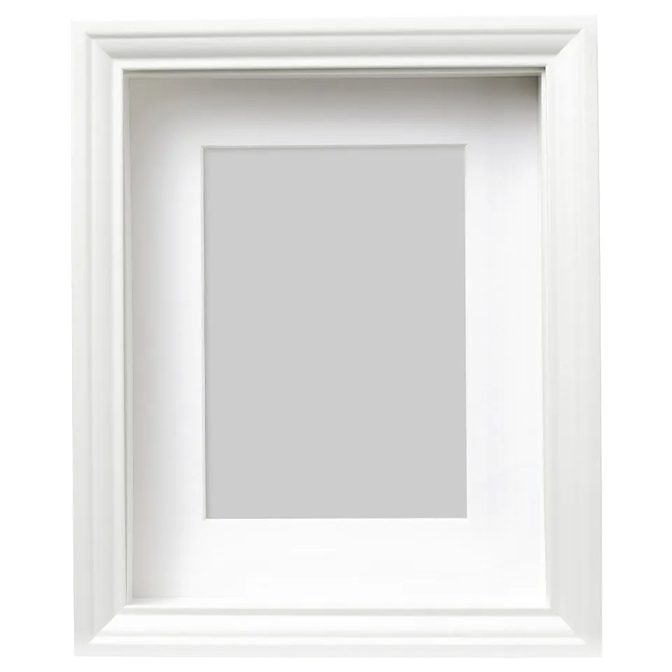 White picture frame with light grey inner frame, rectangular shape, flat design.