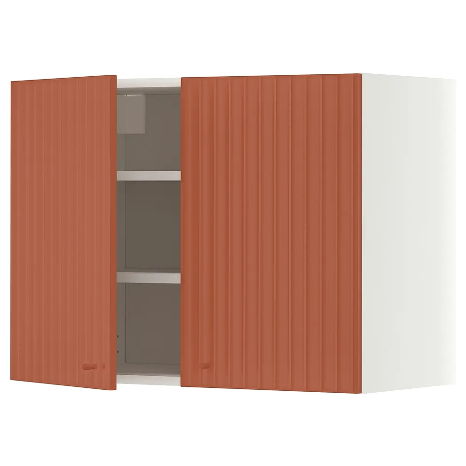 METOD Wall cabinet with shelves/2 doors, white/Terrsjö red-brown wave pattern, 80x37x60 cm