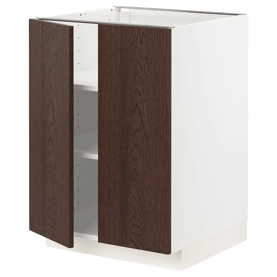 METOD cabinet with dark brown sinarp oak doors, white base, 2 shelves.