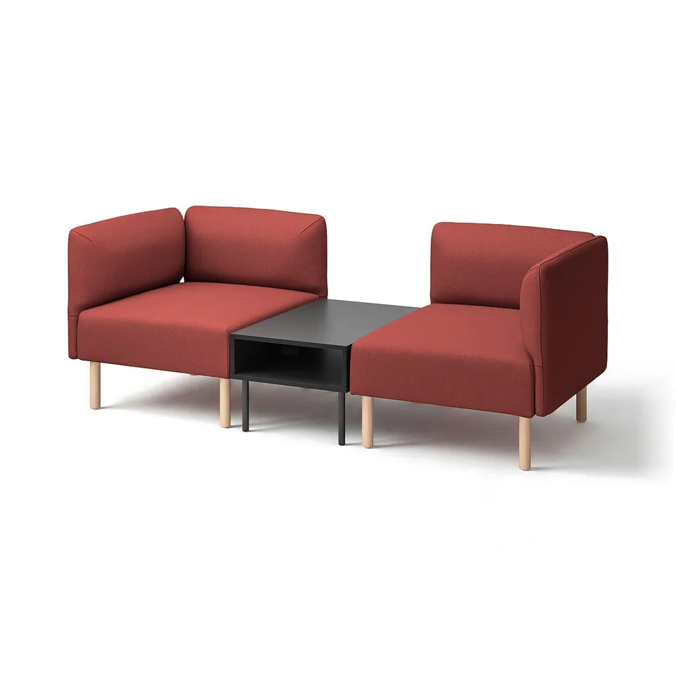 Red lillem modular sofa & table. Modern, cosy, wooden legs. Customizable.