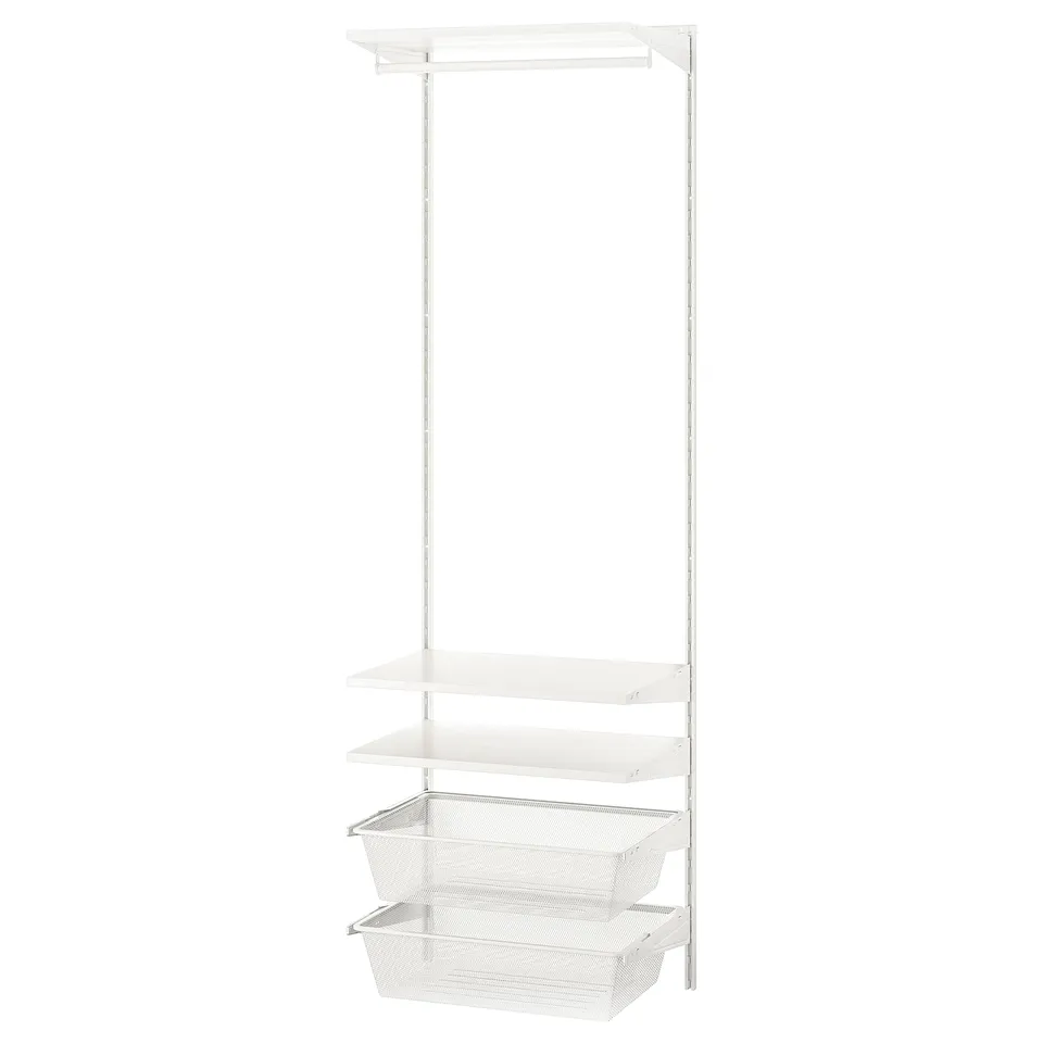 BOAXEL white wall rack with shelves and mesh baskets.