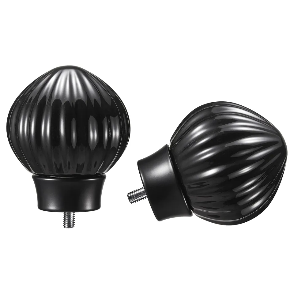 Black LERBRONIA ceramic finials for curtain rods, featuring elegant ribbed design. Set of two with mounting screws.