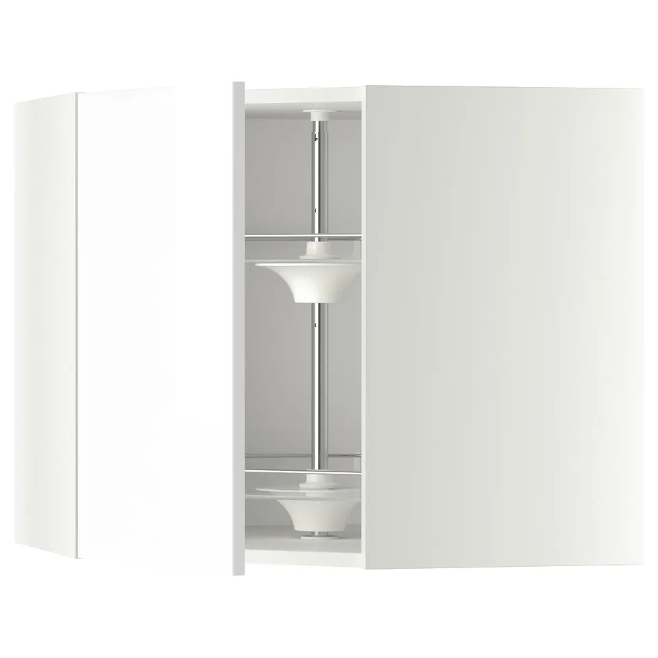 Modern white mini kitchen with glossy finish and corner cabinet carousel.