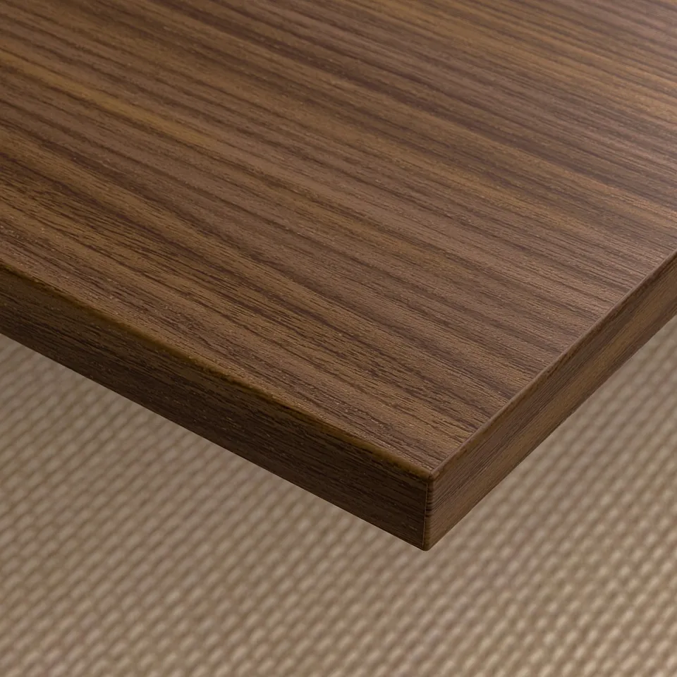 Smooth, polished wooden tabletop. Rich, even grain pattern. Quality craftsmanship evident.