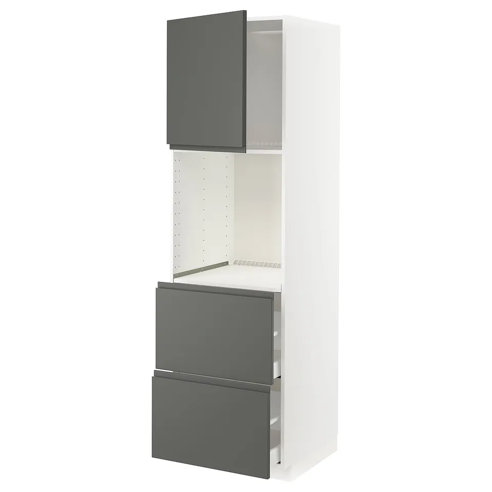 METOD kitchen unit in matt dark grey with integrated handles, featuring drawers and shelves. Slim and modern design for efficient storage.