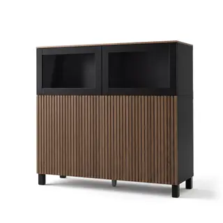 BESTÅ Sideboard, black-brown/SINDVIK black-brown/clear glass black-brown/BJÖRKÖVIKEN brown stained oak veneer