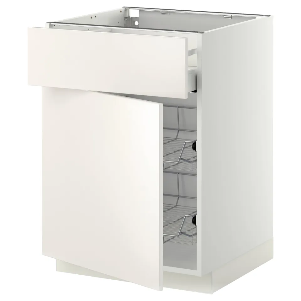 METOD white kitchen cabinet, smooth finish, two wire baskets, sleek modern design.