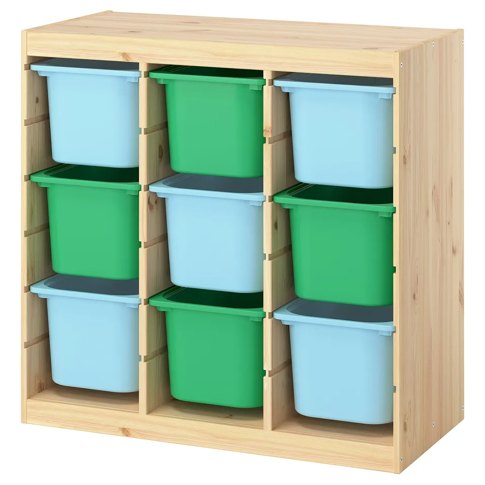 TROFAST Storage combination with boxes, room divider light white stained pine/light blue bright green, 93x44x91 cm