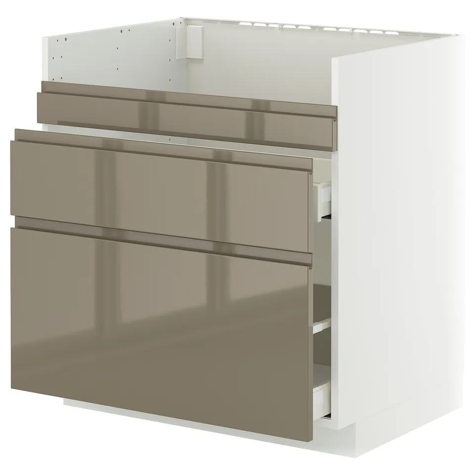 METOD kitchen cabinet in dark grey-brown with white top, three drawers, sleek and modern design with integrated handles.
