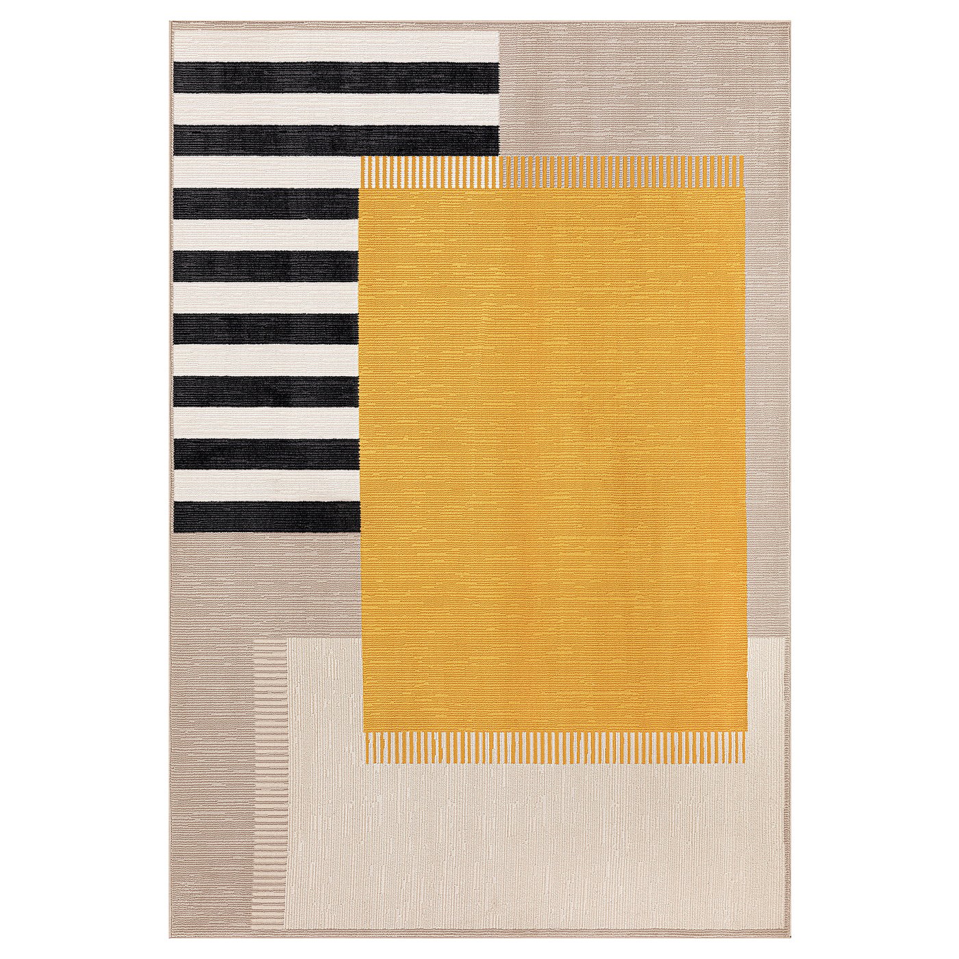 Geometric rug in grey, yellow, and white squares and stripes. Modern, recycled polyester material.