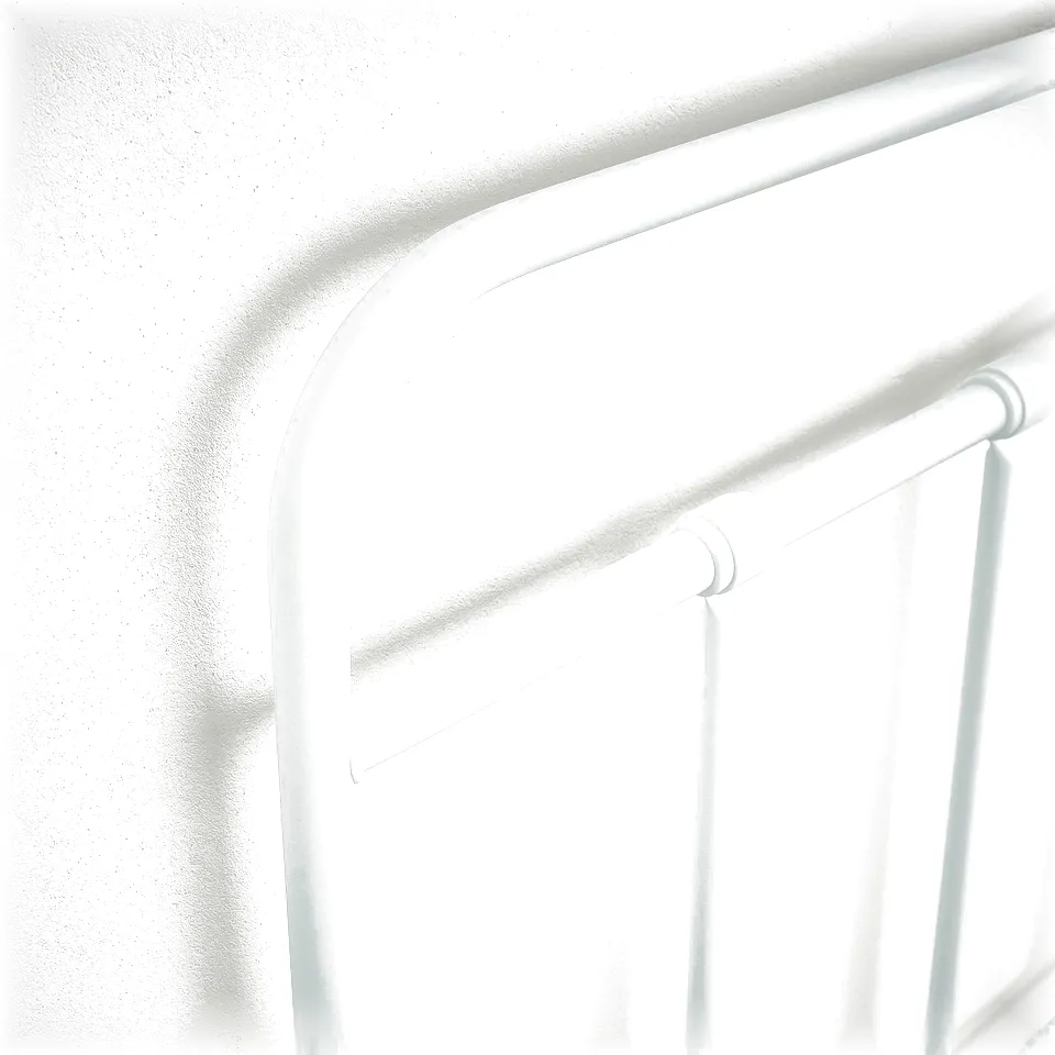 A high-quality white metal bed frame with a curved headboard and footboard, showcasing sturdy construction and decorative details.