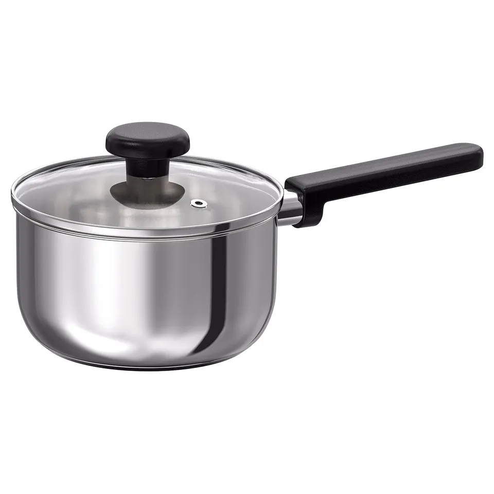 Silver saucepan with black handle & lid, great for cooking.