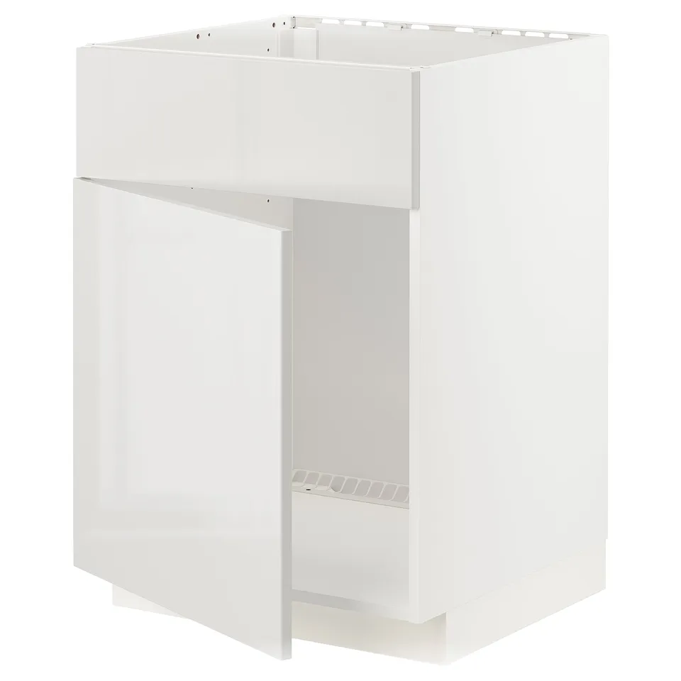 White modern kitchen cabinet, sleek design, glossy finish, with sturdy frame, and snap-on hinges.