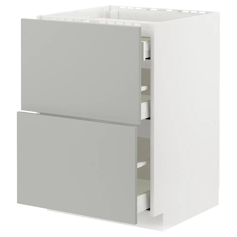 Modern grey storage unit, 2 drawers, white frame, clean design.