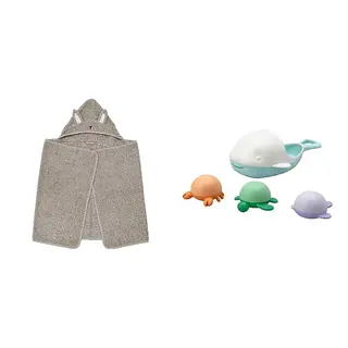 LEN/ÄNGSHUMLA set: baby towel with hood + 4-piece bath toy set