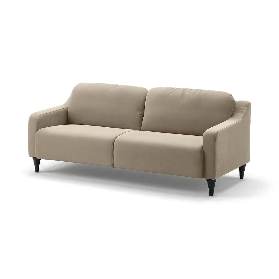 Beige GULLVALLA sofa, rounded shapes, soft chenille fabric, modern yet traditional design, with wooden legs.
