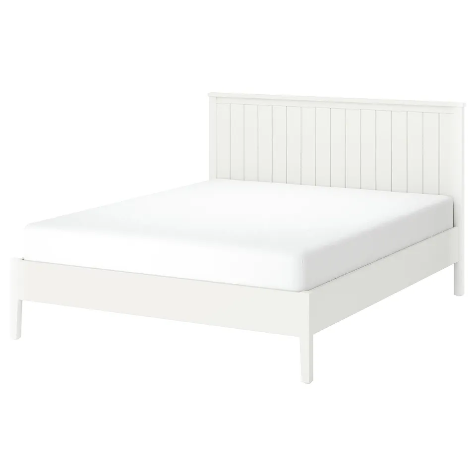 White GULLABERG bed; sleek & robust, headboard grooves, sturdy wooden legs, clean design.