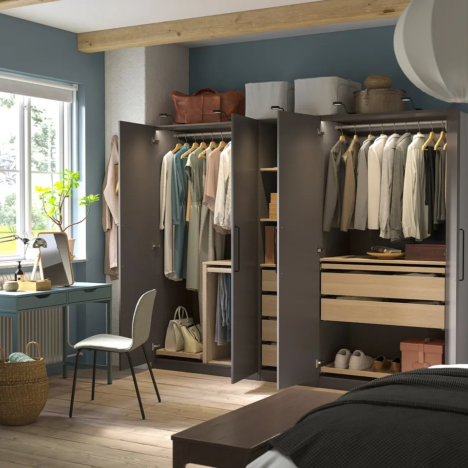Modern bedroom with PAX wardrobe and organised storage.