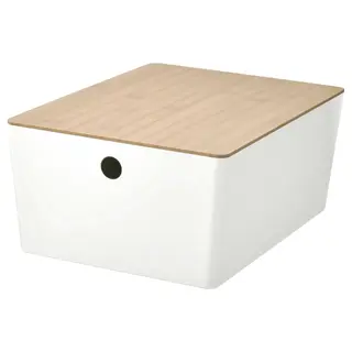 KUGGIS box with lid, white/bamboo, 26x35x15 cm