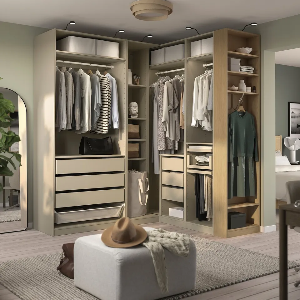 PAX Corner wardrobe, grey-beige/grey-beige oak veneer, 210/180x236 cm