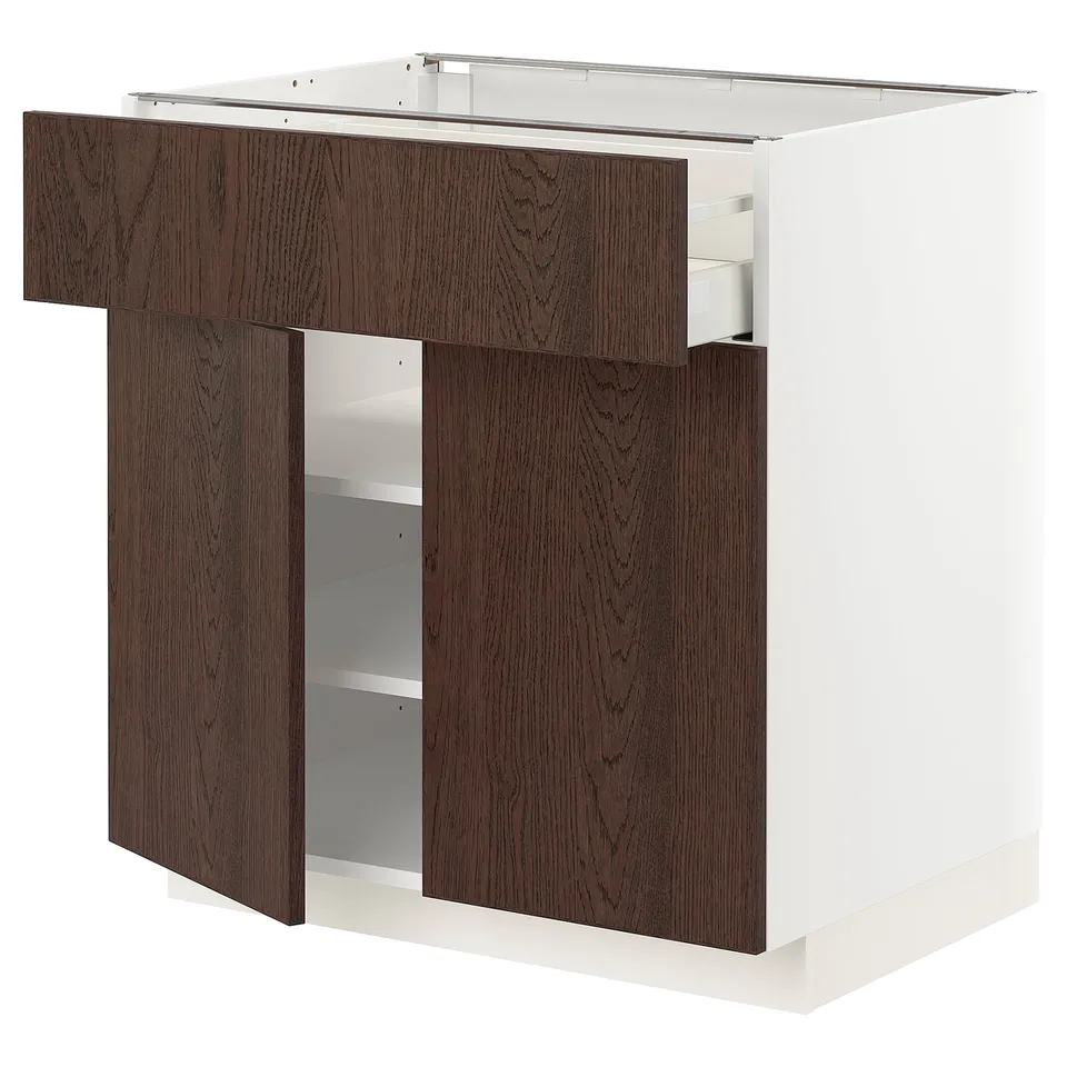 Modern kitchen cabinet, METOD. White box with dark brown wooden fronts, marble countertop.