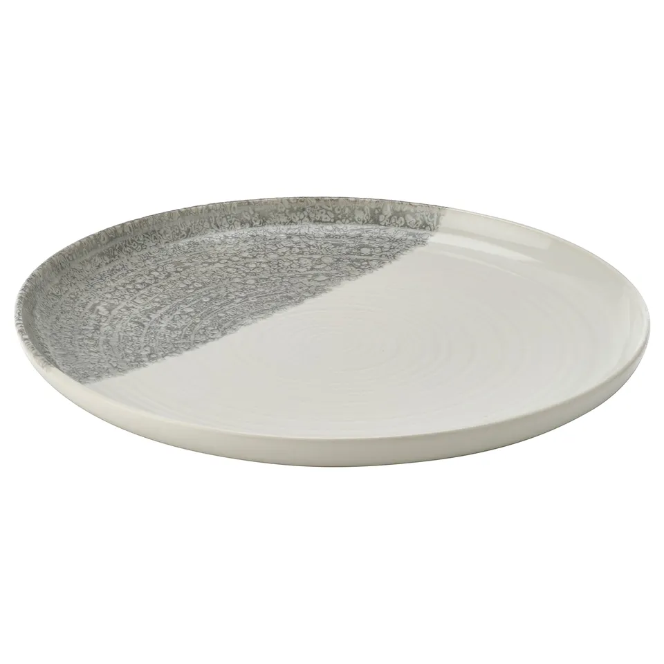 KRUSTISTEL plate, white with grey swirls, round, stoneware.
