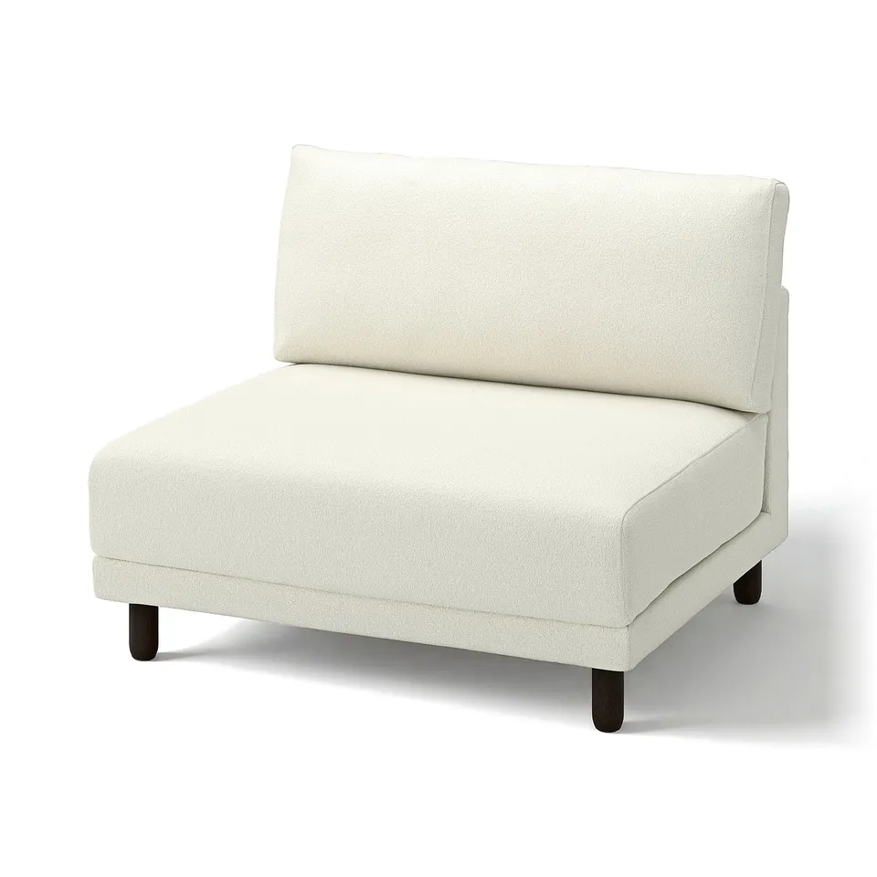 Modern off-white sofa, l-shaped, wooden legs, corner piece design, UPPÅKRA.