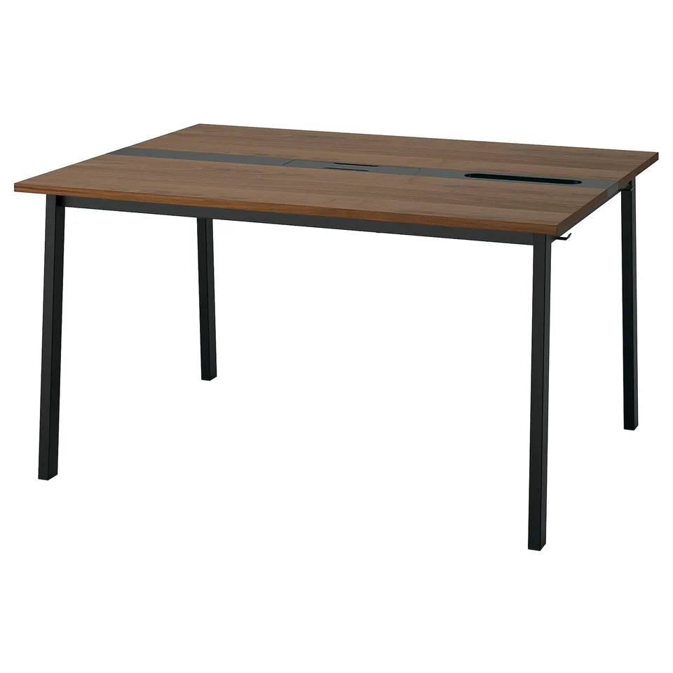 MITTZON walnut-brown desk, rectangular, four black metal legs, wooden top with integrated cable slots.