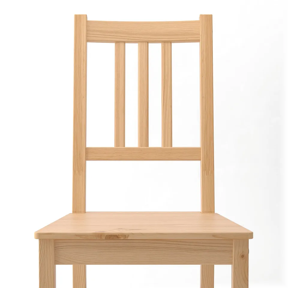 Simple wooden chair, finely crafted with light wood, rectangular backrest, and square seat. Sturdy and elegant.