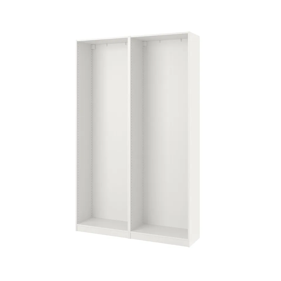 A white ikea PAX wardrobe frame. Its rectangular, sleek, and modern with a smooth surface and adjustable feet.