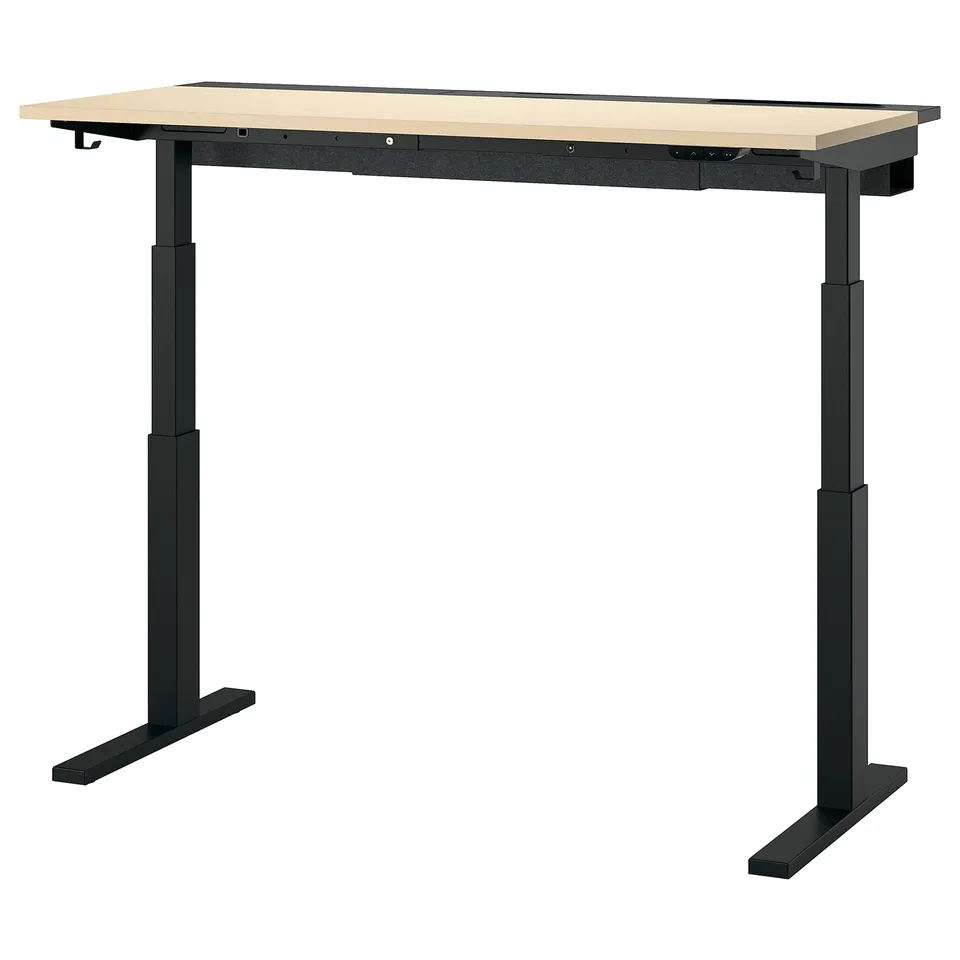 MITTZON sit-stand desk, black frame, beige top, electric height adjustment.