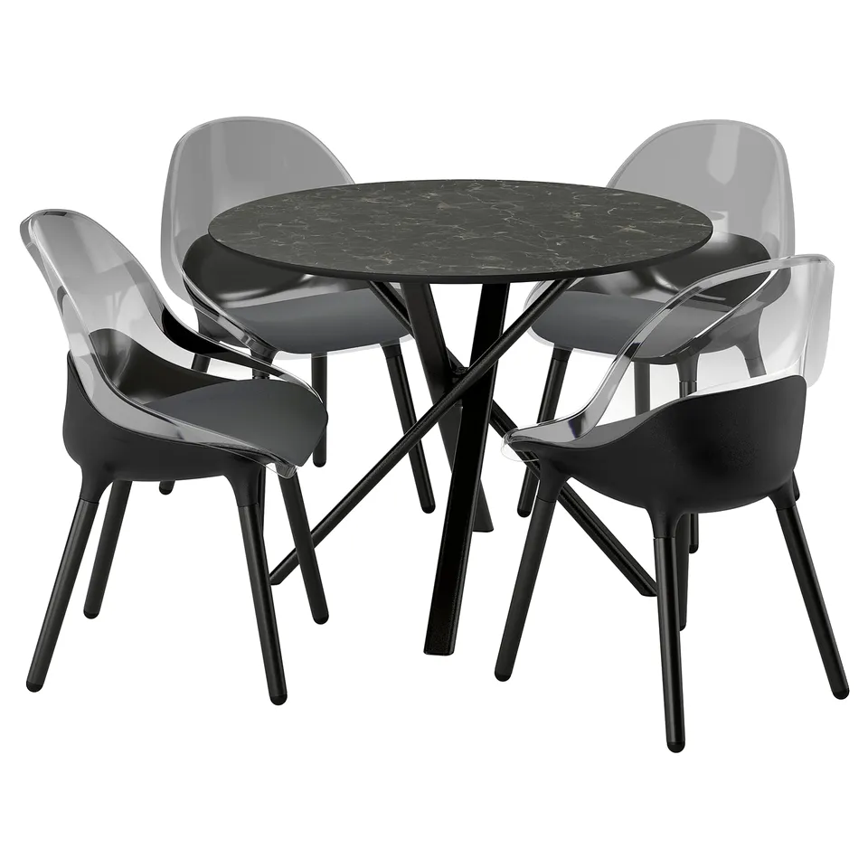 Modern black round dining table with four clear and black chairs, sleek metal legs, and easy-to-clean surface.