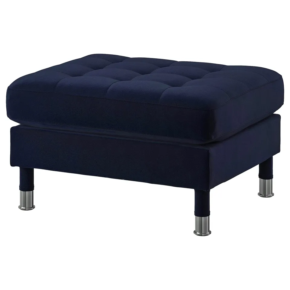 LANDSKRONA blue velvet footstool, chrome legs, tufted top.