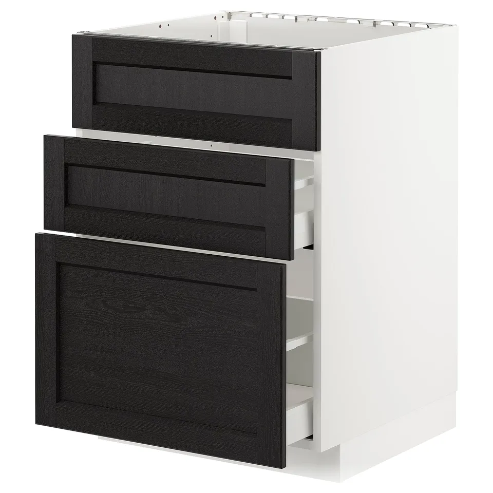 A METOD kitchen unit with three black stained lerhyttan drawers, featuring a traditional character design, including bevelled edges.