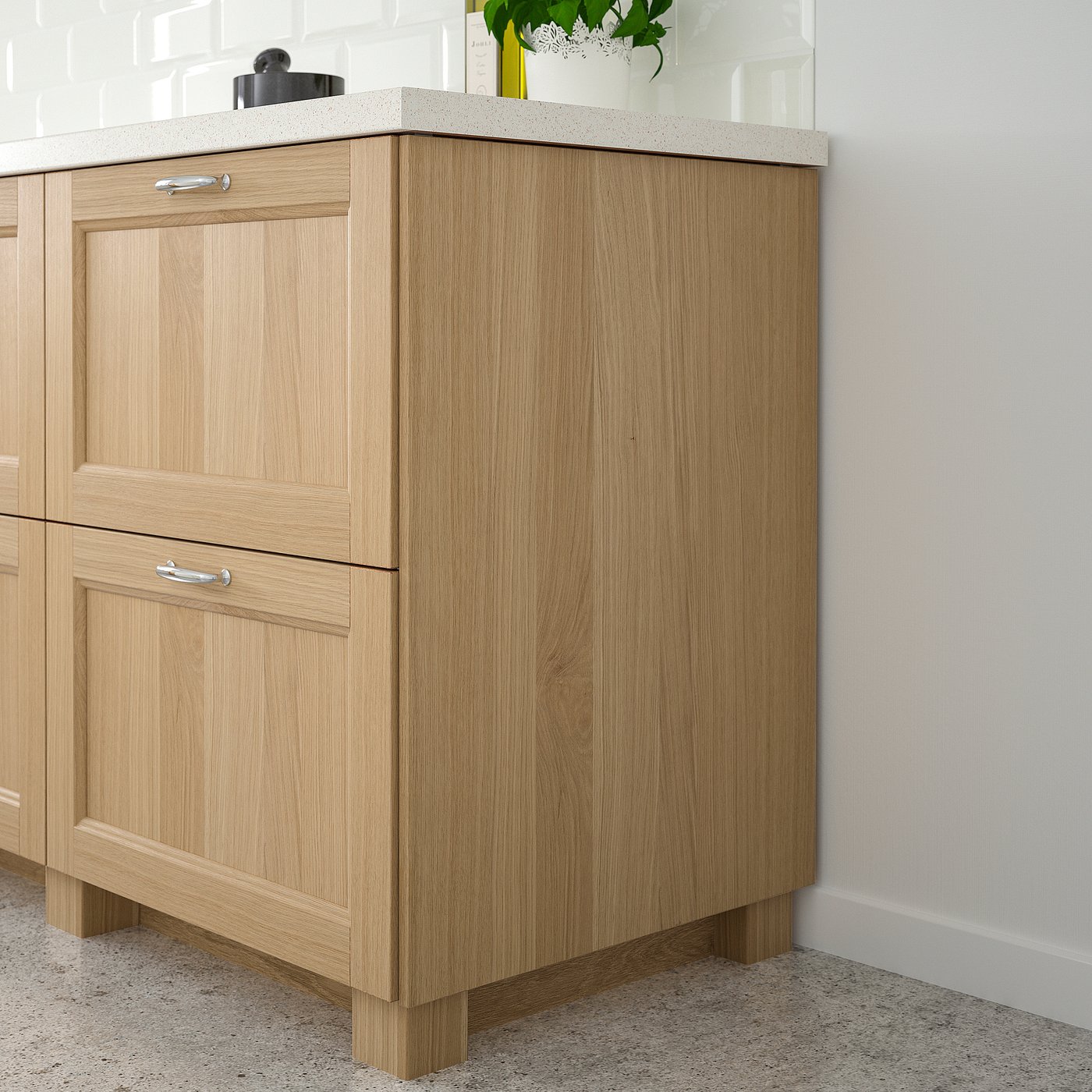 VEDHAMN oak kitchen cabinet, light brown, wooden with metal handles, fits corner, includes drawer, appears tall.