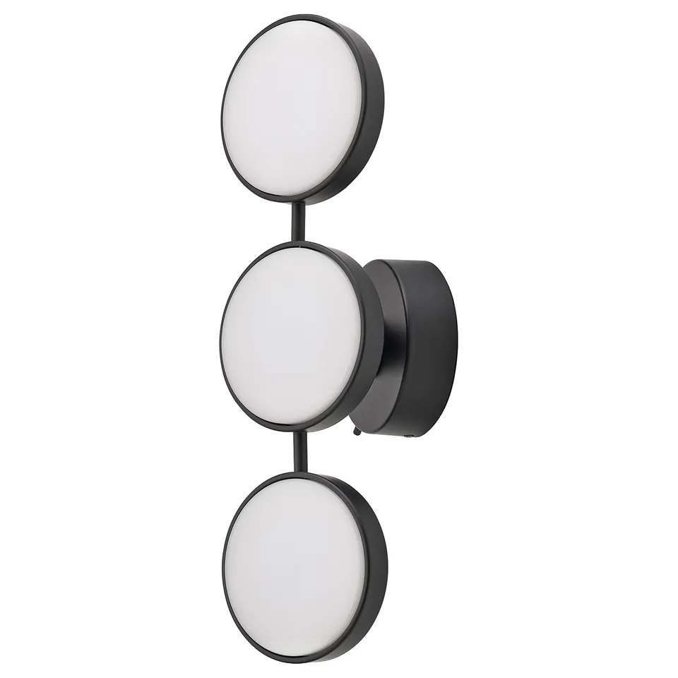 This wall lamp, named KABOMBA, a sleek black finish and round white lights. With a modern art deco design, it offers versatile lighting for bathrooms.