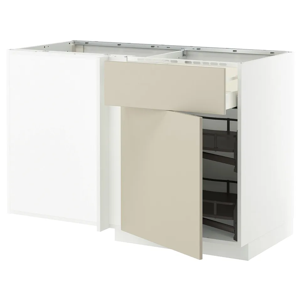 White kitchen cabinet with beige door, rectangular, modern design. Includes pull-out shelf.