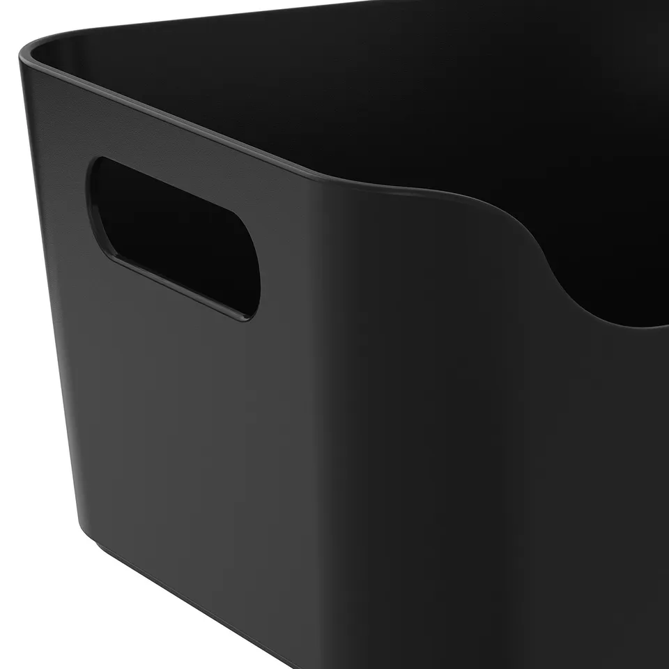 Black plastic storage bin with rounded edges and handles for easy carrying.