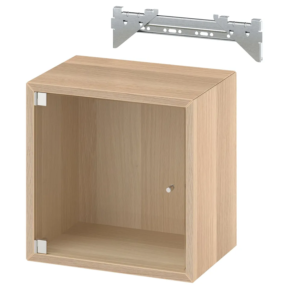 EKET wooden cube unit with metal wall mounting bracket.