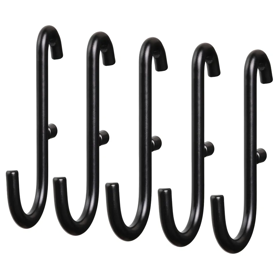 Black SKÅDIS hooks, set of 3, metal, s-shaped, wall-mountable, minimalist design.