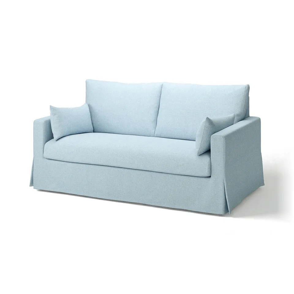 Light blue HYLTARP sofa, modern design, cushioned with polyester fabric.