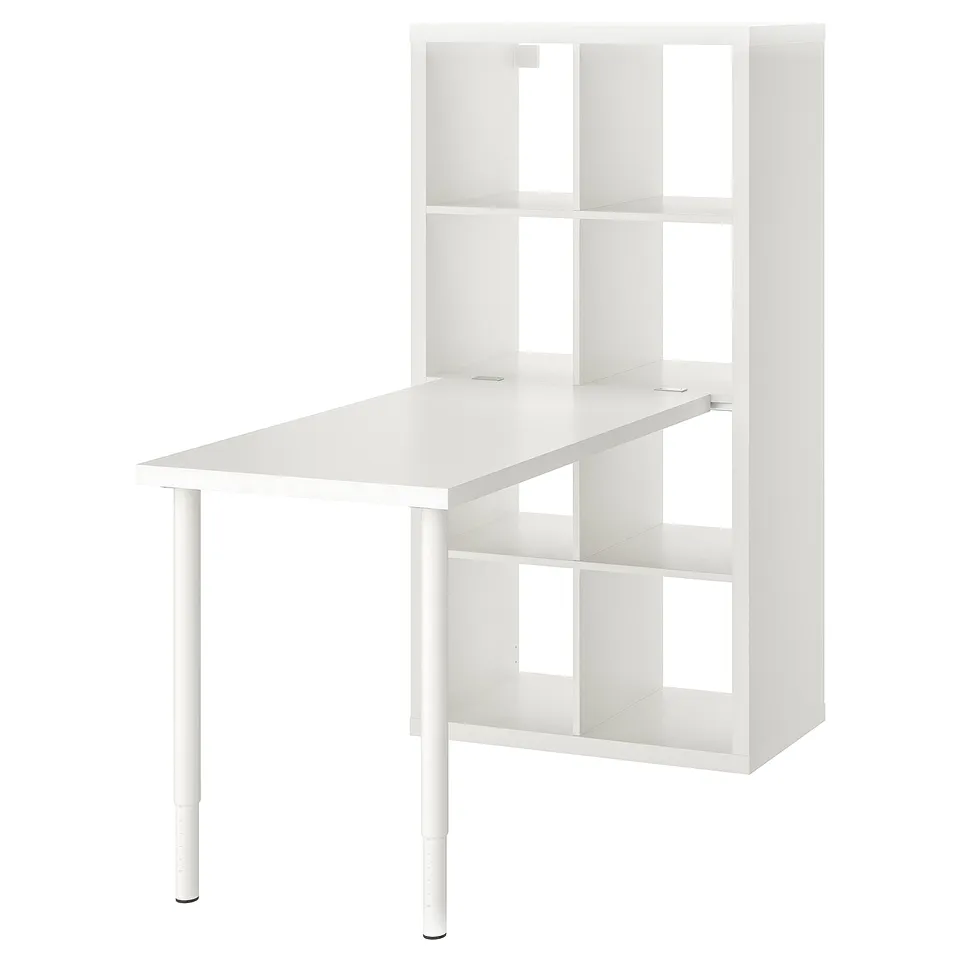 A KALLAX shelving unit with adjustable legs and mixed storage, versatile and customizable.