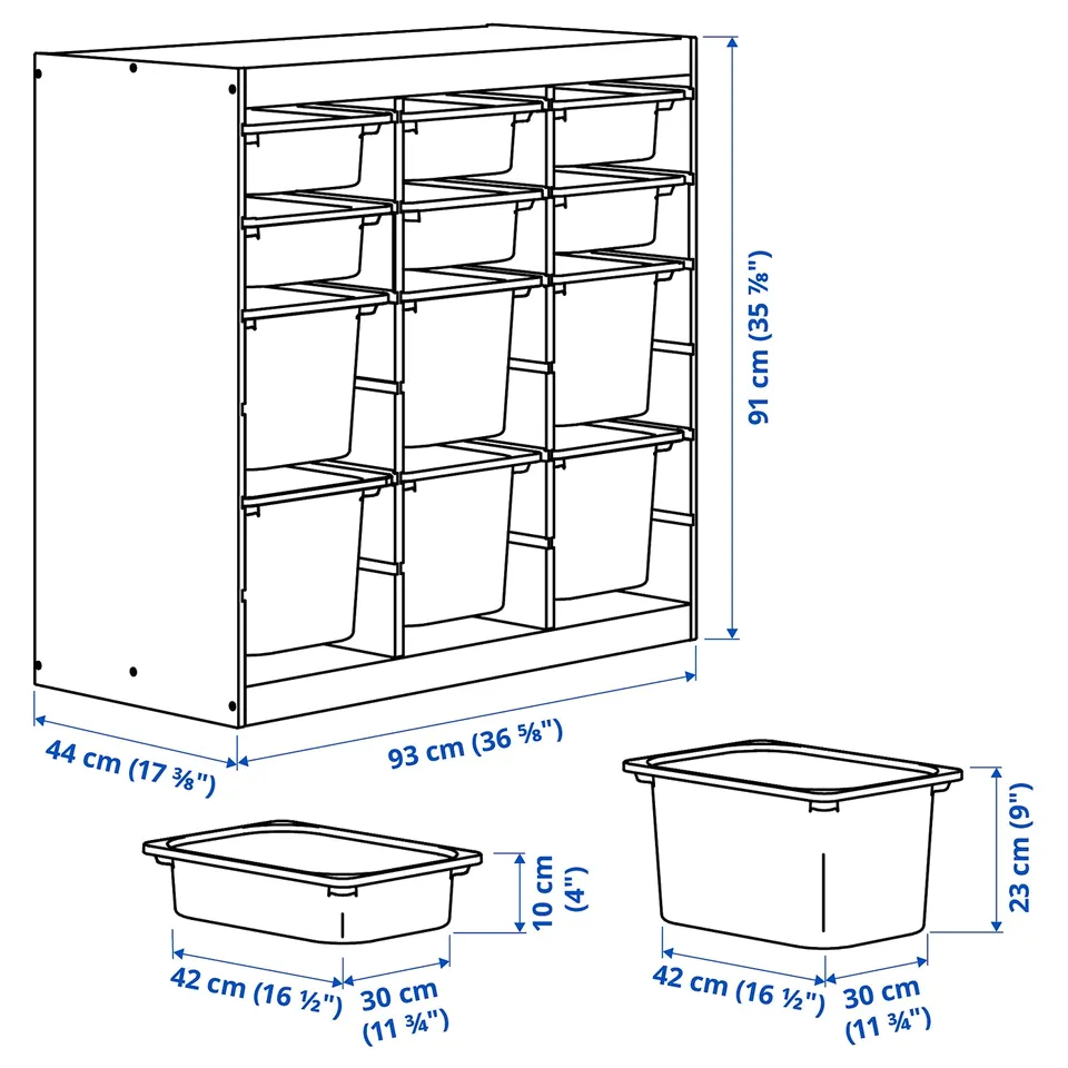 TROFAST Storage combination with boxes, room divider light white stained pine/white light blue, 93x44x91 cm