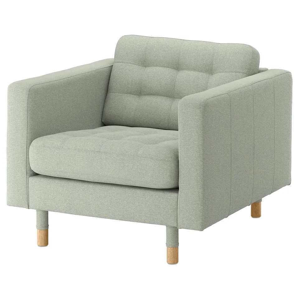 A modern light grey fabric armchair called LANDSKRONA with wooden legs. It has a tufted backrest and seat, and is designed for comfort and style.